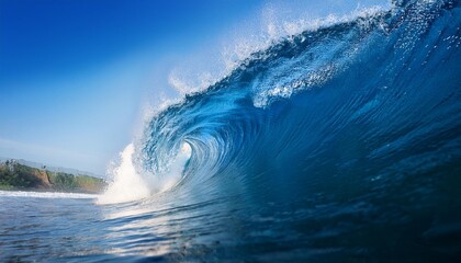 Obraz premium large breaking blue ocean wave captured in movement