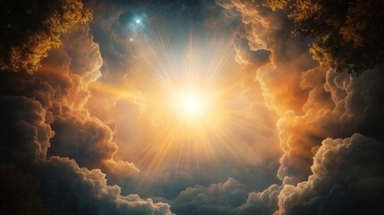Fototapeta premium Awe-inspiring explosion of light pierces through clouds. Bright rays radiate from central light source. Cosmic backdrop of stars, galaxies. Vast sky filled with dramatic clouds. Majestic celestial