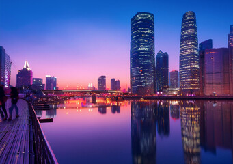 Naklejka premium Modern cityscape at dusk, glowing skyscrapers with reflections in a calm river, people walking on a bridge in the foreground, vibrant lights, and a clear purple-blue sky, high-resolution for editorial