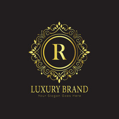 Letter Luxury brand logo design with a royal gold crown emblem and elegant typography
