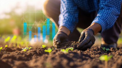 Close-Up of a Farm Worker Planting Seeds in Fertile Soil, with Blurred Background of Economic Graphs Highlighting Global Food Production Growth and Market Demand