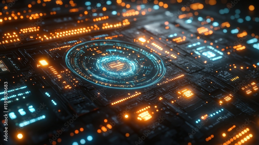 Poster abstract digital circuit board with glowing lights and intricate patterns.