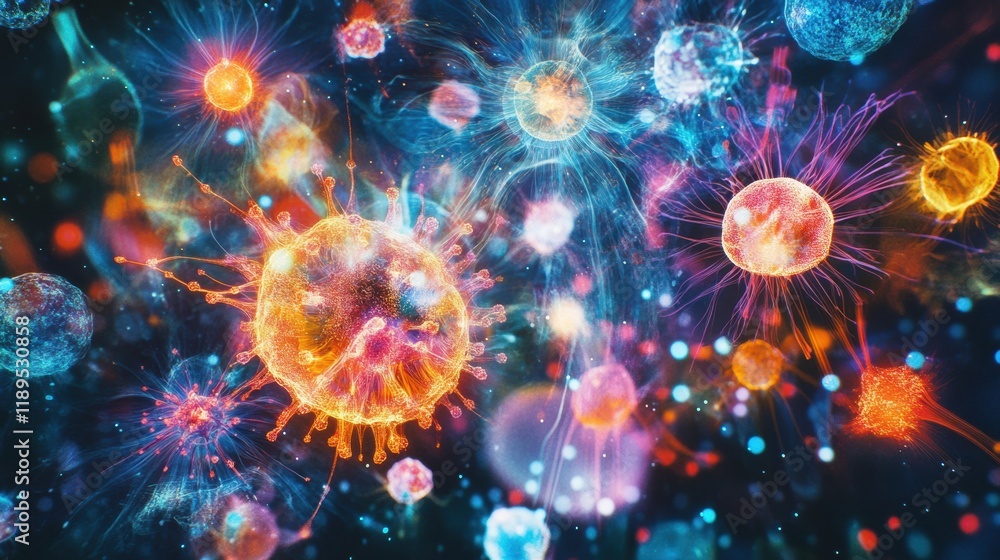 Fototapete viruses interacting with cells in a colorful animated depiction showcasing complex biological proces