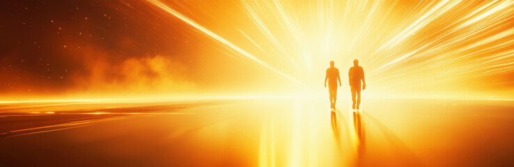 Fototapeta premium Two silhouetted characters stride forward through a dramatic landscape filled with intense orange light and explosive energy. The atmosphere suggests a high-stakes action sequence.