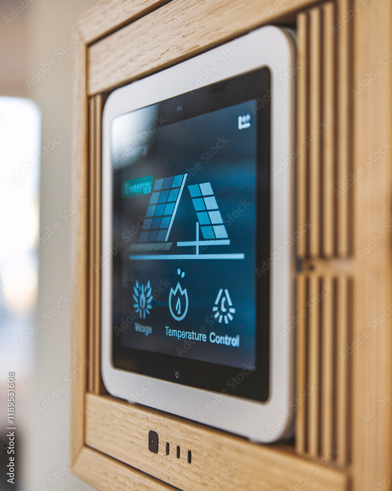 Poster digital control panel interface with weather and energy icons. close-up of a sleek, modern digital c