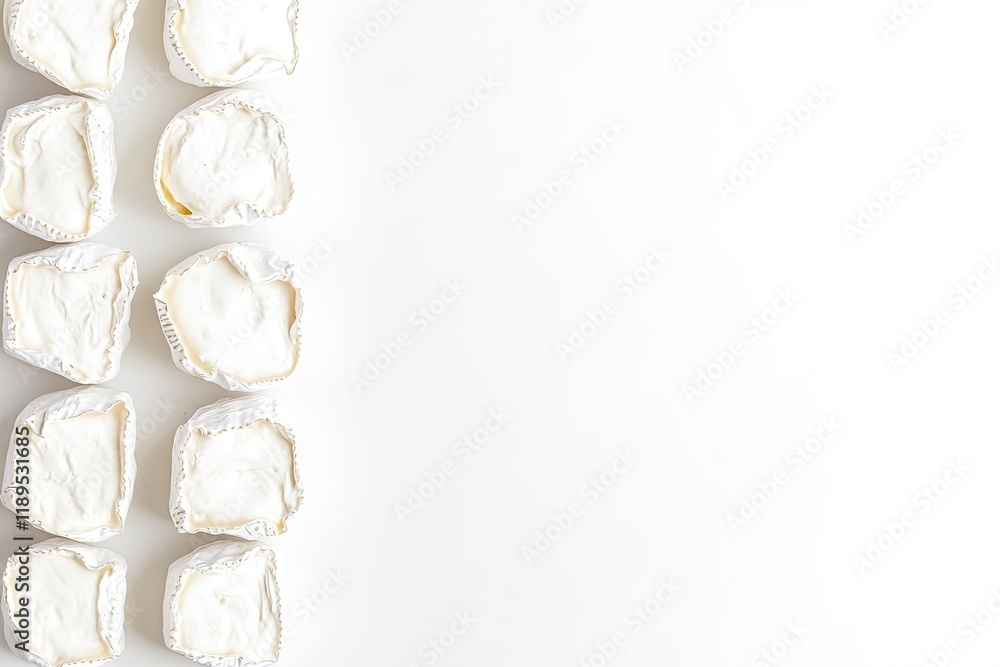Aufkleber overhead shot of creamy goat cheese logs arranged in row on smooth white background with ample copy 