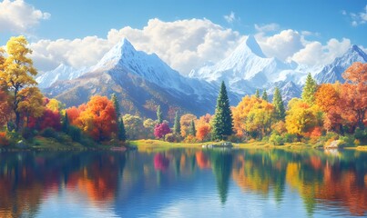 Obraz premium Vibrant autumn foliage reflected in a calm lake with snow-capped mountains in the background.