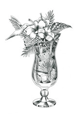 Cocktail in a wine glass with tropical plants, graphic black and white illustration