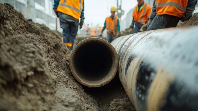 Construction workers place large pipe underground. Trenchless tech for utility pipeline installation. Modern tech solutions. Compact, eco-friendly approach. Specialized equipment. Efficient resource