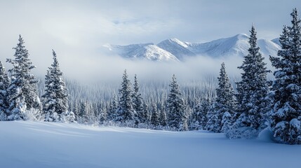 Winter Wonderland: Snowy Mountains and Majestic Evergreens