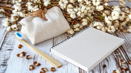 Fototapeta premium Rustic Still Life, Cotton Flowers, Notebook, and Bamboo Toothbrush