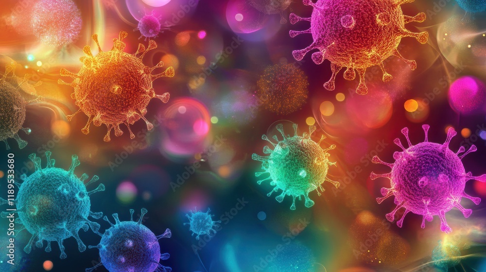 Poster viruses interacting with cells in a colorful, abstract representation of cellular biology. generativ