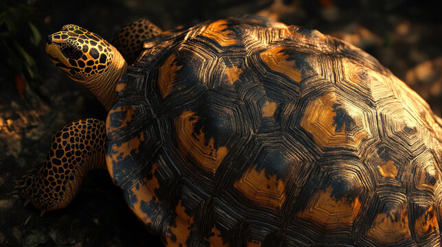 A close-up of a leopard tortoise&acirc;&euro;&trade;s shell, showcasing its intricate, spotted patterns in vivid detail, basking in the soft sunlight against a natural backdrop 