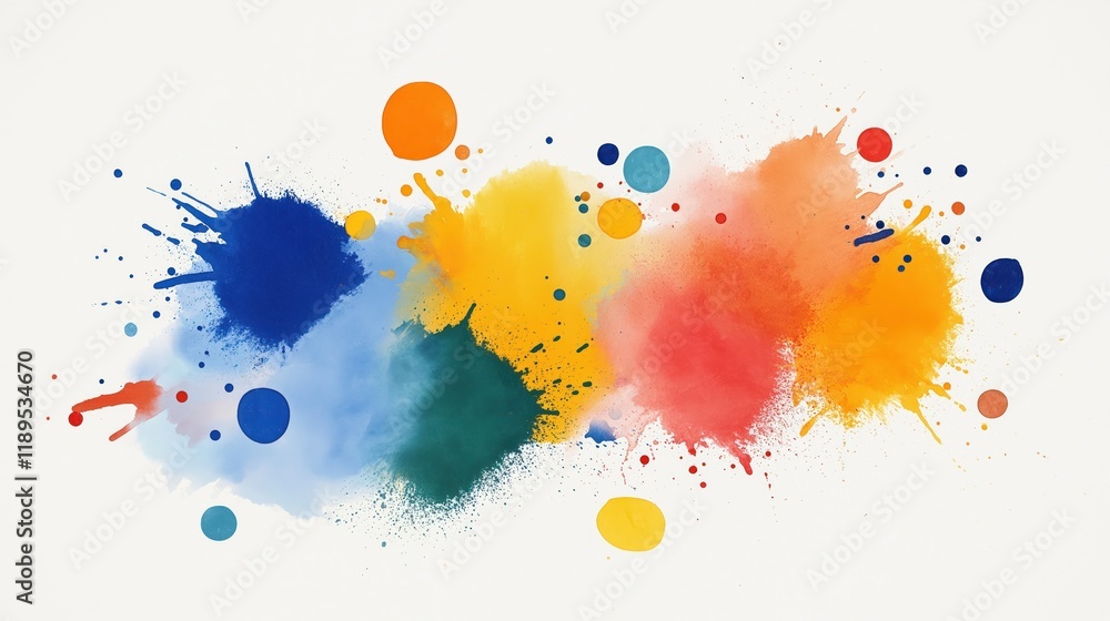 Poster colorful abstract illustration with paint splashes, watercolor drops. vibrant colors create dynamic 