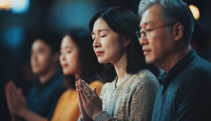 Fototapeta premium Asian Group Praying And Believing Together Before Studying Holy Bible In Church. Family And Friends Learning With Prayer.