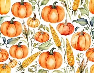 Watercolor Autumn Pattern Featuring Pumpkins and Corn with Foliage Details