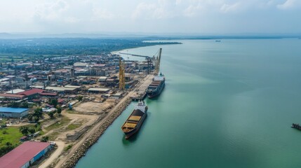 Naklejka premium Industrial port activities, loading and unloading of coal or batu bara in Indonesian, Balikpapan Coal Terminal, Bayan Group, Balikpapan, East Kalimantan, IKN Nusantara, Indonesia