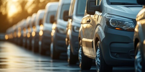 Passenger vans lined up at rental agency. New vehicles ready for customers. Business industry transportation options. Cars parked in row. Transport company offers autos. Lots of vehicles prepared for