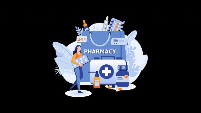 A woman of unspecified ethnicity carries medication near a pharmacy, illustrated in a flat design style.