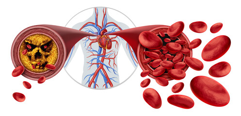 Arterial Obstruction Risk and Atherosclerosis medical condition as Blocked Human Artery concept and restricted blood flow in arteries as a blood vessel disease with cholesterol fat buildup clogging he