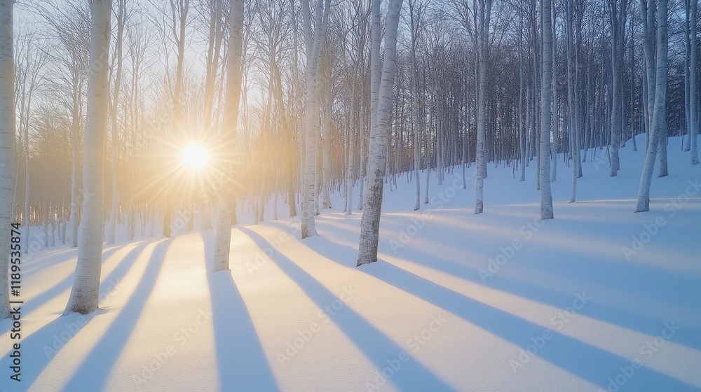 Poster winter wonderland scene. bare trees stand in snow covered forest. sun sets through trees casting lon