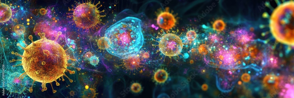 Fototapete viruses interacting with human cells under a microscope view showing colorful details and scientific