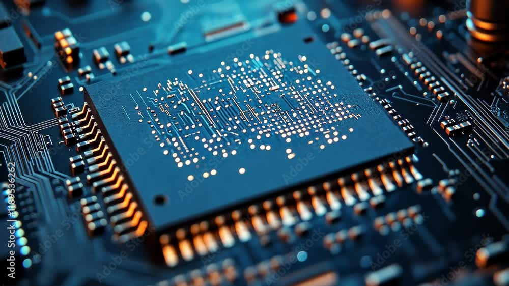 Poster closeup view of a cpu chip showcasing intricate circuitry and connections on a computer motherboard,