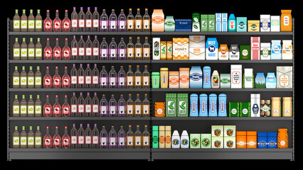 Fototapeta premium Mockup of metal retail shelving with healthy food products in different packages and drinks in glass bottles. 3d illustration isolated on black