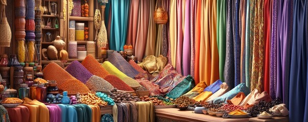 Vibrant Textile Market Display Featuring Colorful Fabrics and Exotic Spices.
