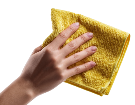 Hand dusting with cloth isolated on white background, cut out