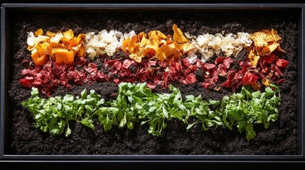 Colorful food scraps & herbs in compost tray
