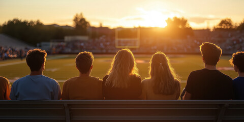 Group of high school students watching an American football game at sunset