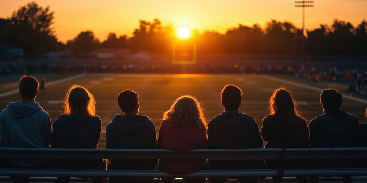 Group of high school students watching an American football game at sunset