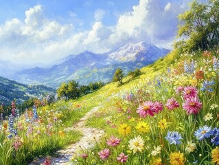 A scenic mountain view with a flower meadow