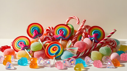 Obraz premium A bright collection of lollipops, candy canes, and various colorful candies scattered together closely.