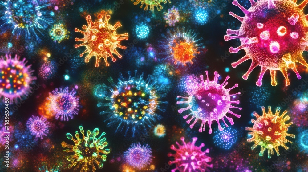 Leinwandbilder viruses interacting with cells in a vibrant and complex microscopic environment under scientific stu