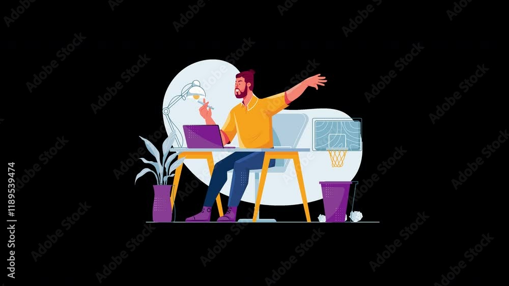 Aufkleber european man working at a desk, engaged with a computer while enjoying a drink in a modern office se