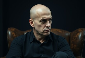 Fototapeta premium Bald man with a serious expression, seated in a dimly lit room