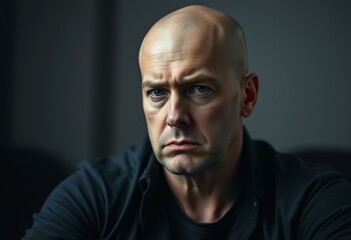 Obraz premium A close-up portrait of a bald man with a stern expression