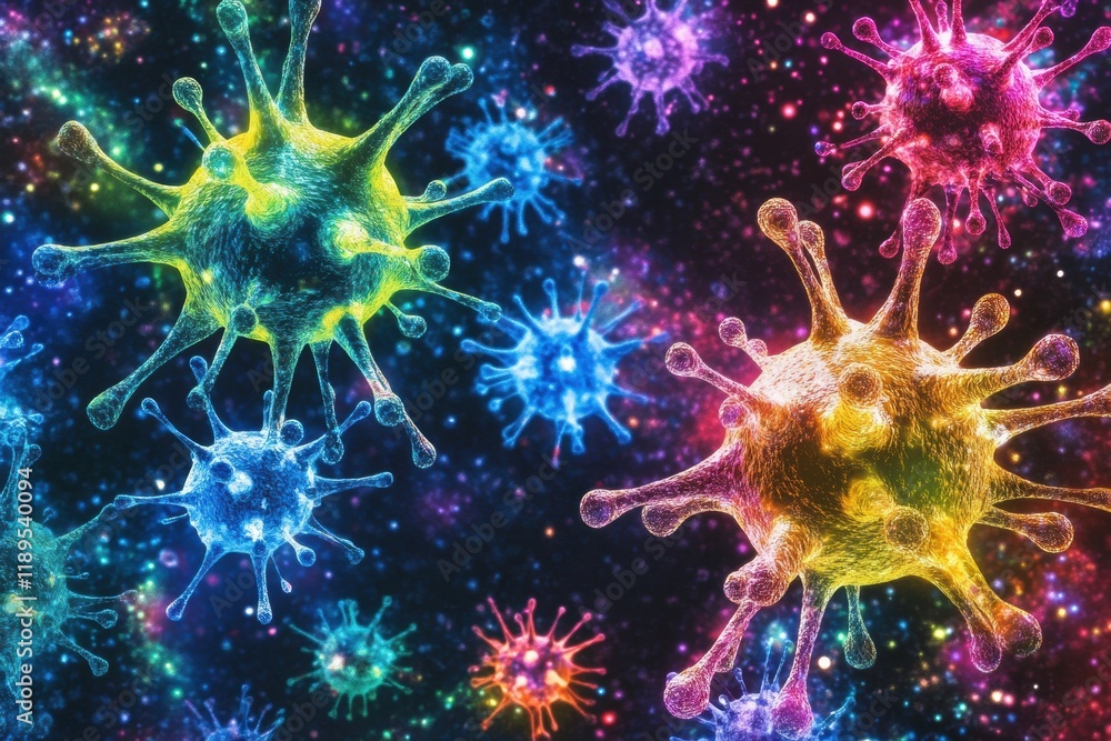 Poster viruses interacting with human cells in colorful depiction highlighting cellular invasion. generativ