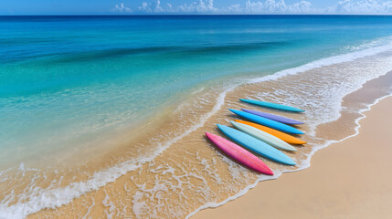 Obraz premium Colorful Surfboards Lined Up on Sandy Beach with Ocean Waves