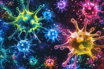Fototapeta premium Viruses interacting with human cells in colorful depiction highlighting cellular invasion. Generative AI