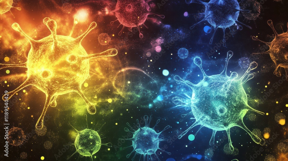 Poster viruses engaging with cells in a vibrant microscopic environment showcasing interaction dynamics. ge