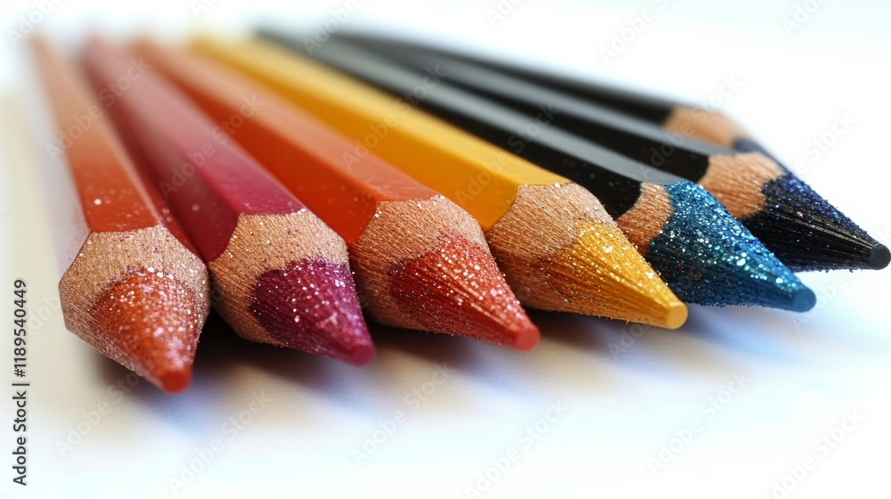 Poster collection of colored pencils arranged in a row with vibrant tips on a smooth surface