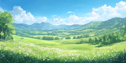 Obraz premium Quiet valley with green fields and forest shadows