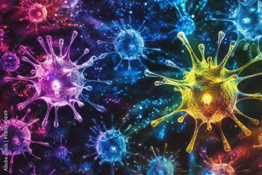 Poster viruses engage with host cells in a colorful microscopic view showcasing their complex interactions.