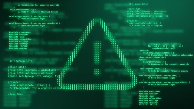 Abstract digital background and warning sign icon with glitch effect. 