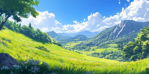 Obraz premium Serene landscape with trees, hills, and bright sky