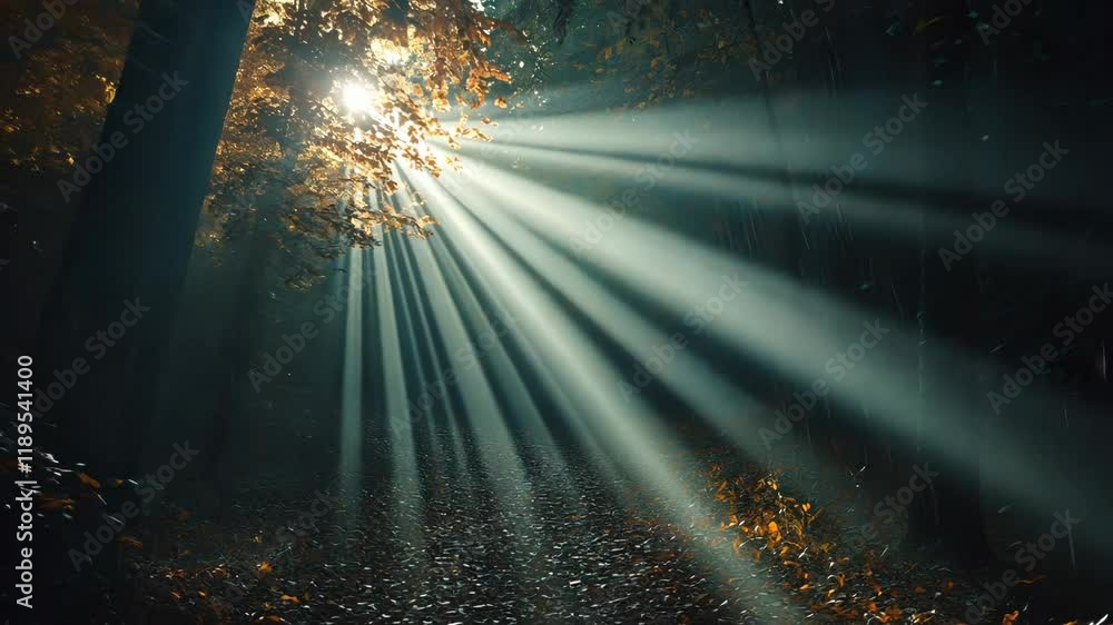 Poster sunlight filters through trees in a serene forest during autumn, casting beautiful rays on the groun