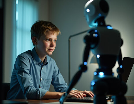 young programmer sitting at laptop with standing ai assistant robot. generative AI
